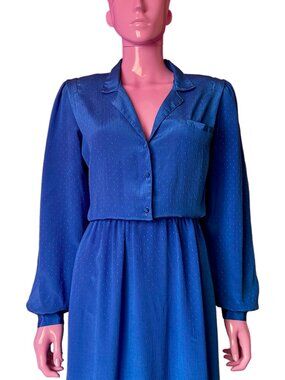 Vintage 80s L Secretary Dress Midi Cobalt Blue Satin Blouson Vneck Elastic Waist